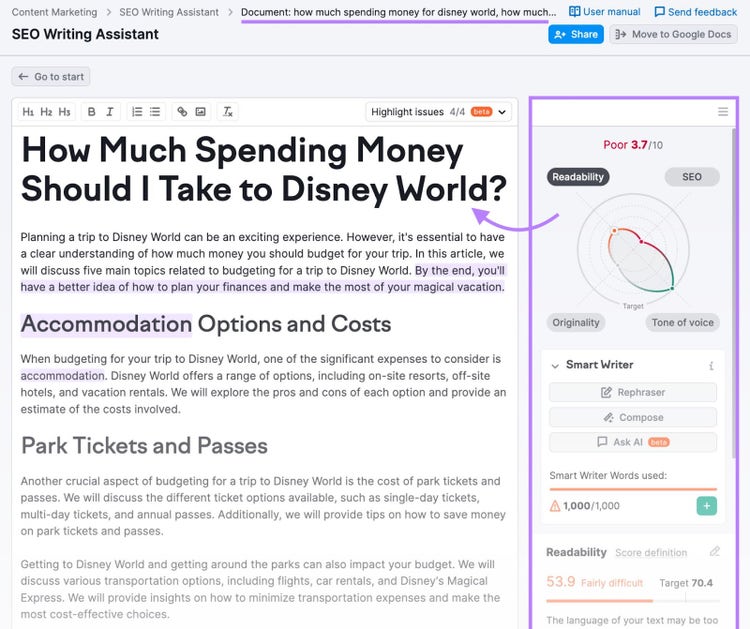 Une page sur "Combien d'argent de poche dois-je emporter à Disney World ?" avec la section des scores du contenu à droite dans l'assistant de rédaction SEO