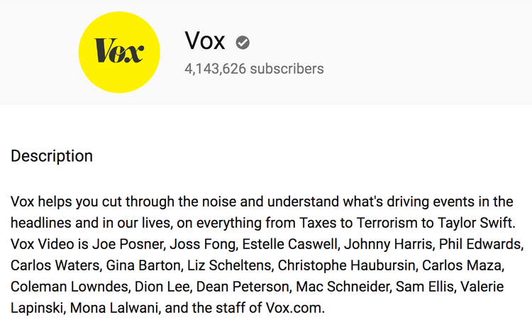Description informative de la chaîne YouTube Vox