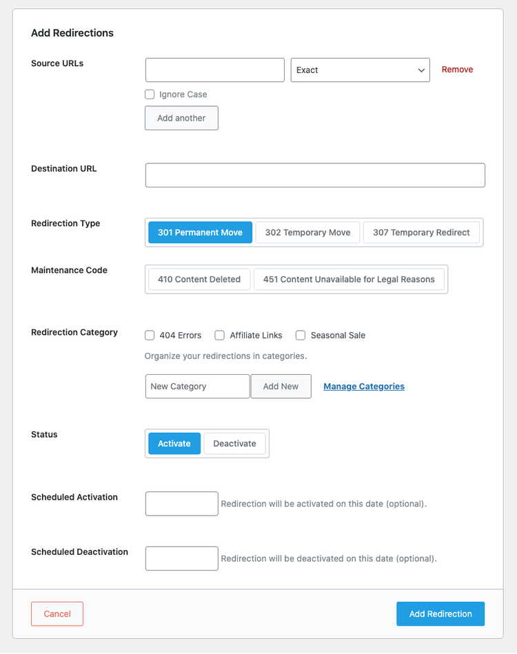 Pagina "Aggiungi reindirizzamenti" nel plugin Rank Math