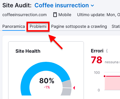 Screenshot Site Audit mostrando tab Problemi con salute sito 80%