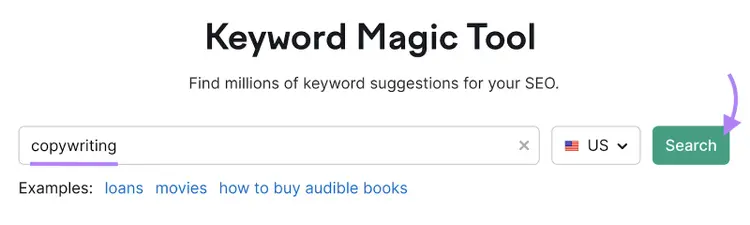 "copywriting" inserito nella barra di ricerca di Keyword Magic Tool