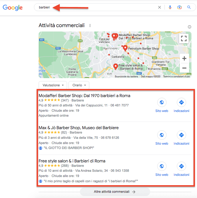 Google SERP barbieri Roma con mappa commerciale e risultati