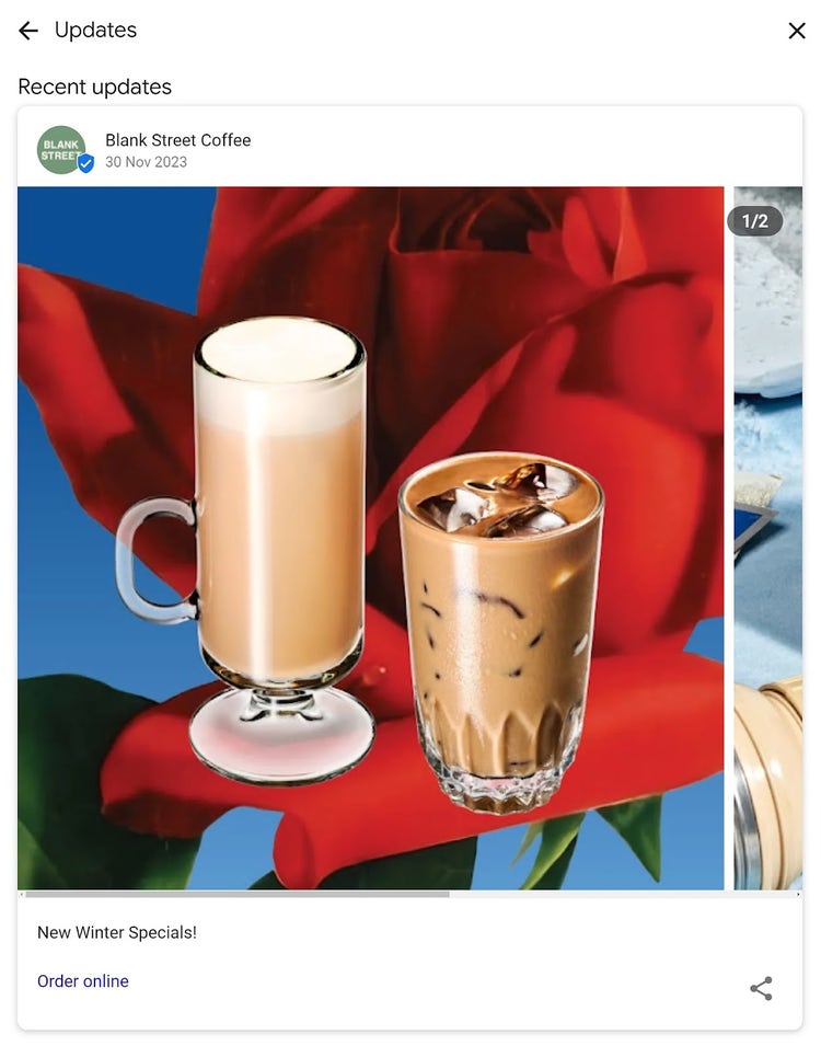 Aggiornamento GBP di Blank Street Coffee che annuncia le sue offerte speciali invernali