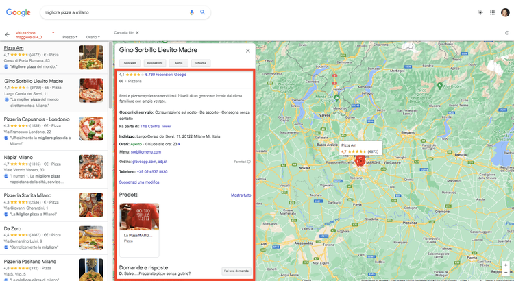 Local Pack dettaglio ristorante mappa con informazioni indirizzo