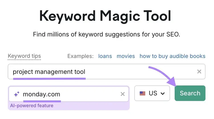 Keyword Magic Tool inizia con "project management tool" inserito come termine, "monday.com" come dominio e "Cerca" cliccato.