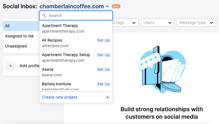 Ricerca di progetti nell'app Social Inbox