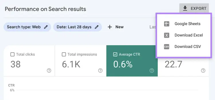 Pulsante "Esporta" in Google Search Console