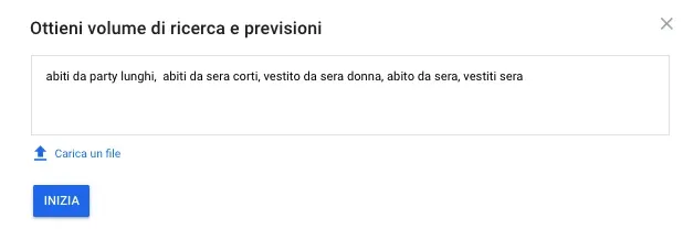 Input Google Keyword Planner per ottenere volume ricerca e previsioni campagne