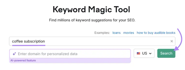 Keyword Magic Tool ricerca coffee subscription
