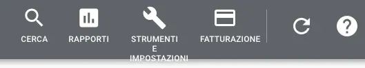 Menu principale Google Ads: Cerca, Rapporti, Strumenti, Fatturazione, Impostazioni