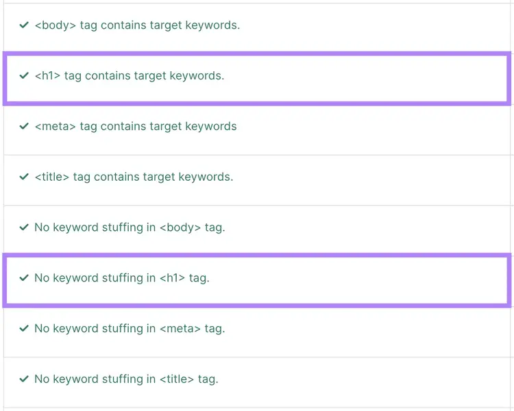 On Page SEO Checker ha rilevato che "<h1>il meta tag contiene parole chiave target" e "nessun keyword stuffing nel meta tag<h1>"