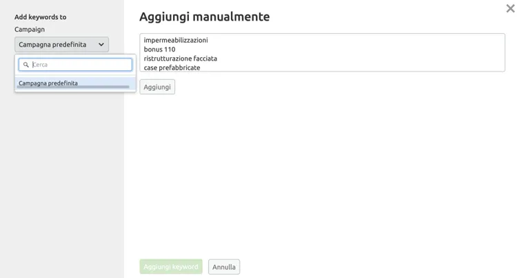 Google Ads: dialog 'Aggiungi manualmente' parole chiave escluse con elenco esempi