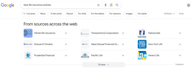 Google SGE informational query results showing featured snippet about insurance policies