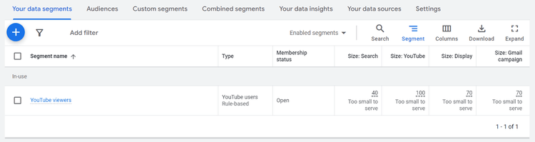 Schermata "Gestione pubblico" in Google Ads