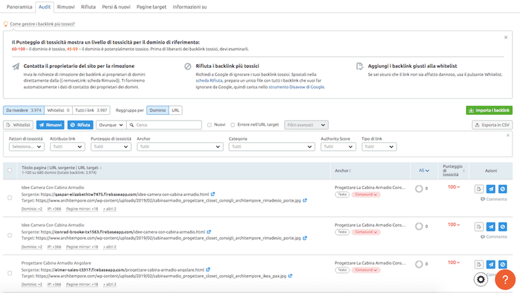 Backlink Audit: panoramica con proprietà backlink evidenziata in rosso