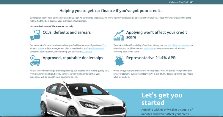 Articolo finanza auto con sezioni su CCJ, credito, dealer, informazioni finanziarie