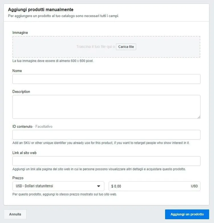Aggiunta prodotti a catalogo Facebook