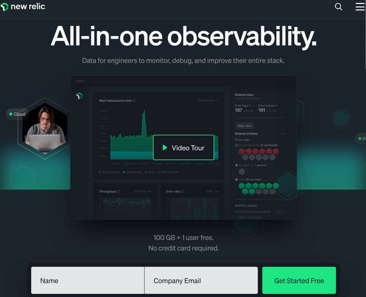 Sito web di New Relic che promuove l'"Osservabilità all-in-one" con un pulsante "Inizia gratuitamente" in basso a destra.