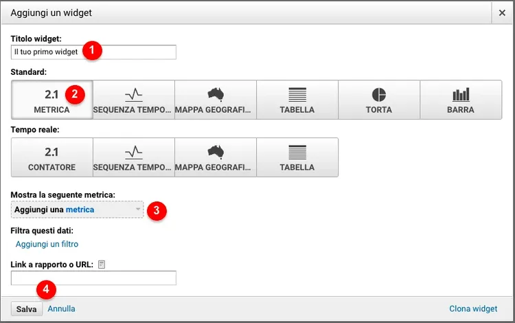Google Analytics widget configuration form with metric and time period selections