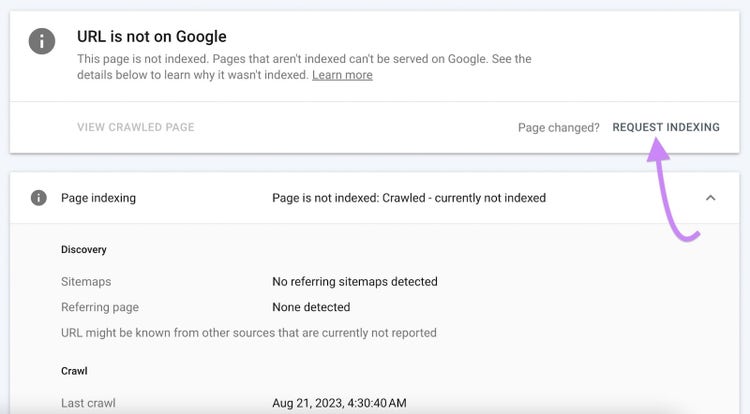 Pulsante "RICHIEDI INDICIZZAZIONE" in Google Search Console