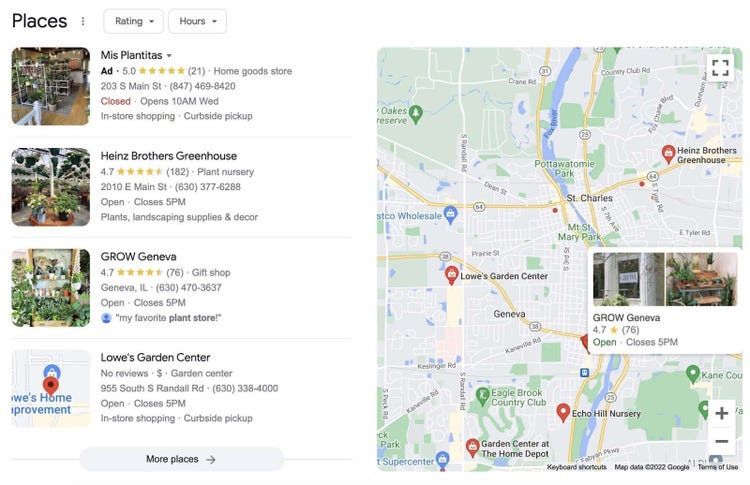 Pacchetto mappe di Google per "negozio di piante vicino a me"