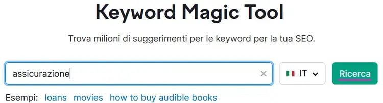 Interfaccia Keyword Magic Tool con campo ricerca e selezione paese