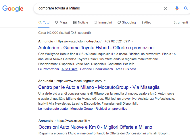 Google SERP comprare toyota Milano con annunci Autotorino