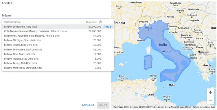 Filtro geografico Keyword Planner mostrando volumi ricerca Milano su mappa