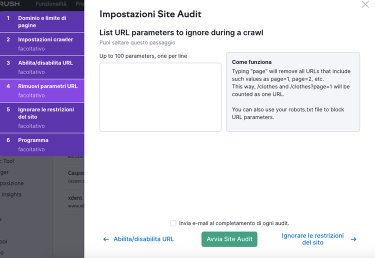 Semrush Site Audit: dialog per impostare parametri URL da ignorare nel crawl