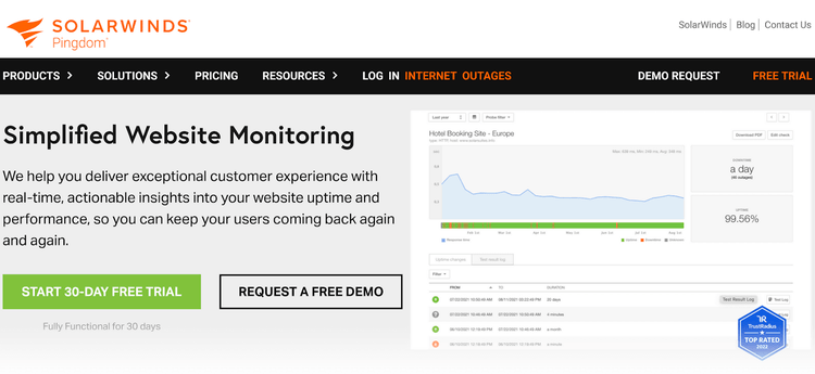 La homepage di SolarWinds Pingdom pubblicizzava un monitoraggio semplificato del sito web con un pulsante verde "Inizia la prova gratuita di 30 giorni".