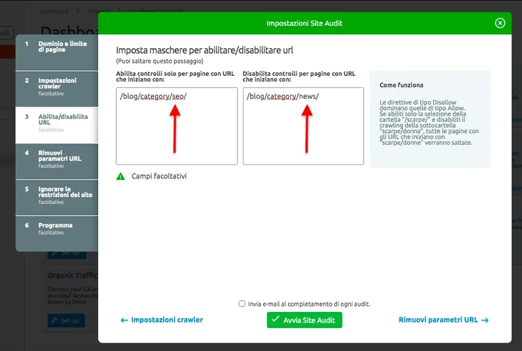 Site Audit abilita/disabilita URL dialog with example URL path patterns