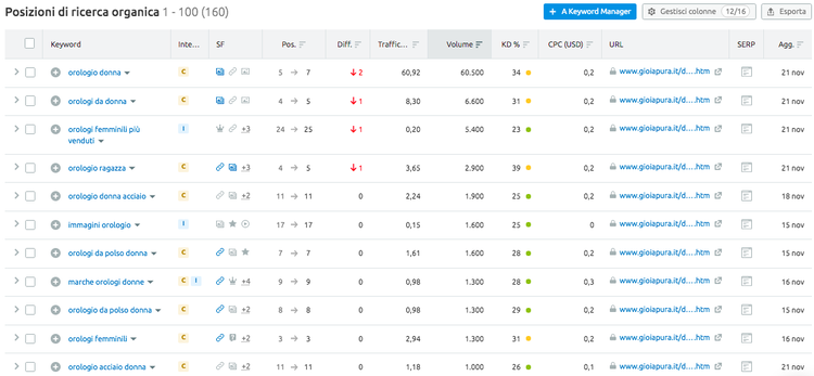 Posizioni ricerca organica keyword con traffic stima