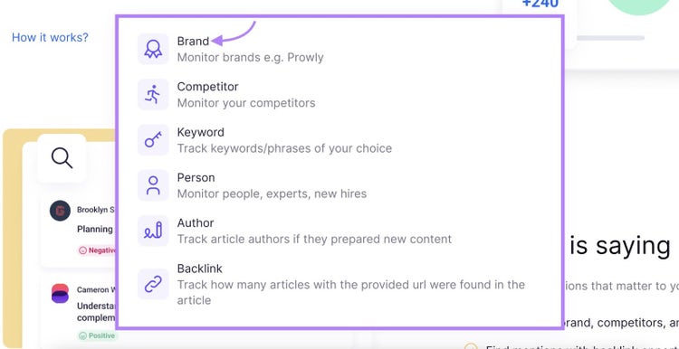 Opzioni per lo strumento "Monitoraggio del marchio", tra cui marchio, concorrente, parola chiave, persona, autore e backlink, ecc. con "Marchio" selezionato.