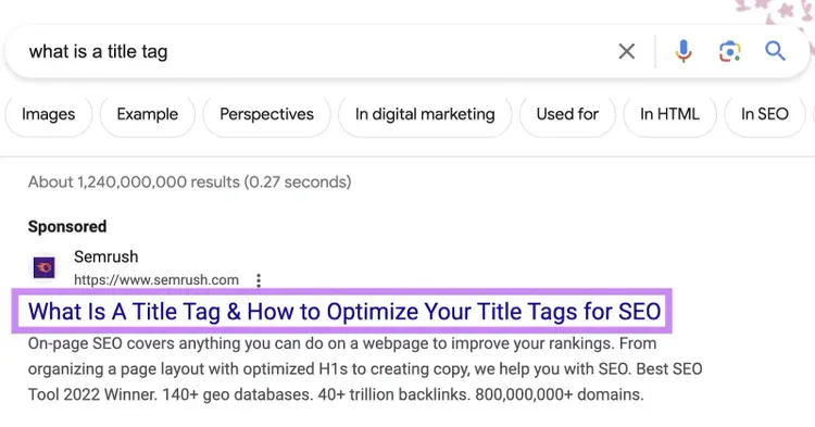 Un tag title sulla SERP che recita "Cos'è un tag title & come ottimizzare i tag title per la SEO"