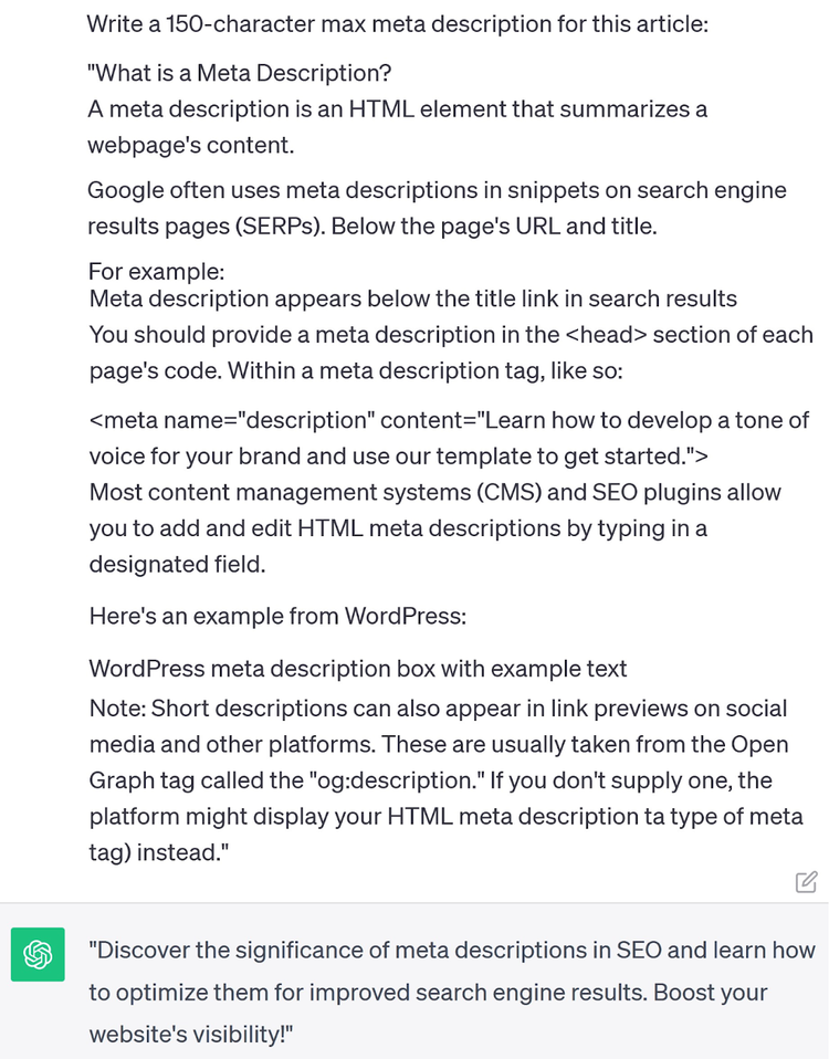 Un prompt che chiede a ChatGPT di scrivere una meta descrizione per un articolo esistente