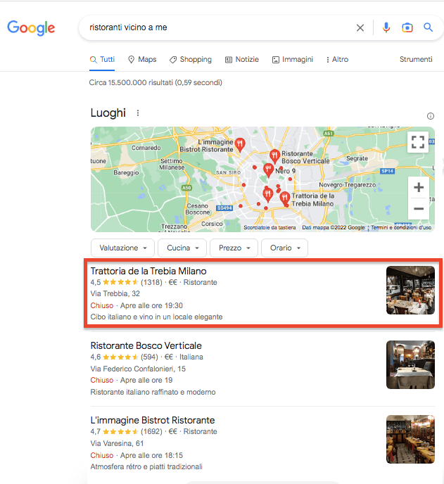 Google SERP ristoranti Milano con mappa locale e risultati