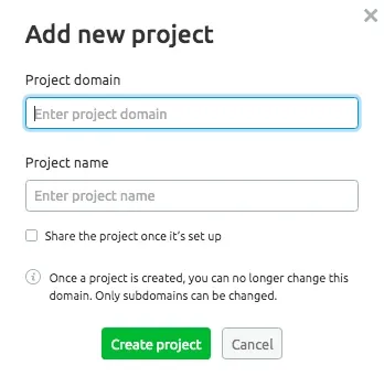 Semrush Add new project form requesting project domain and name