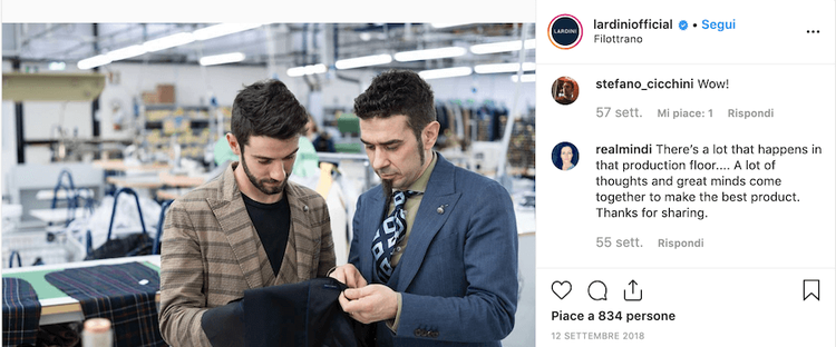 Iardini e l'uso dei post dietro le quinte del brand su Instagram