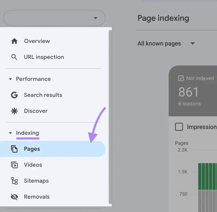Google Search Console con "Pagine" sotto "Indicizzazione" cliccato nella barra laterale sinistra.