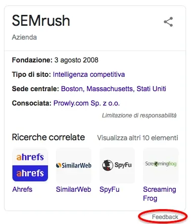 Knowledge Panel SEMrush con cerchio rosso attorno pulsante Feedback in basso