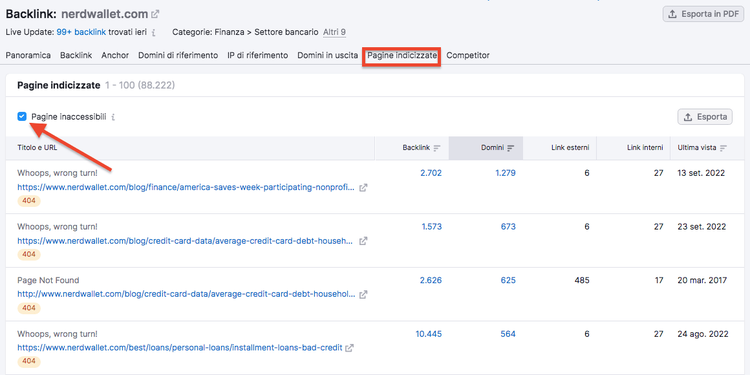 Backlink Analysis: pagine inaccessibili con filtro
