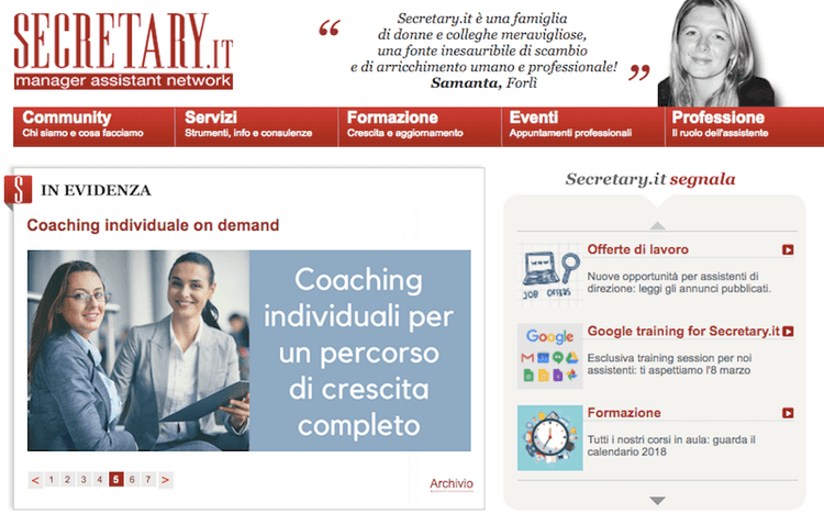 Three red cards displaying professional values: Ascoltare, Collaborare, Sorridere