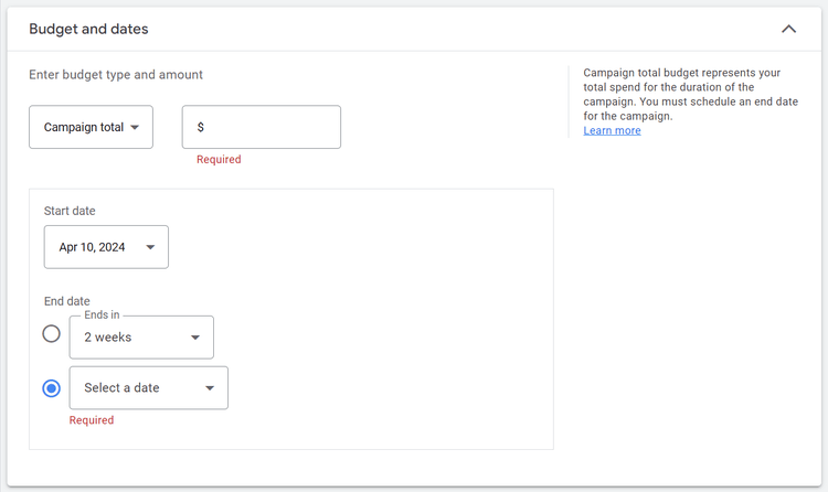 Sezione budget e data della campagna in Google Ads