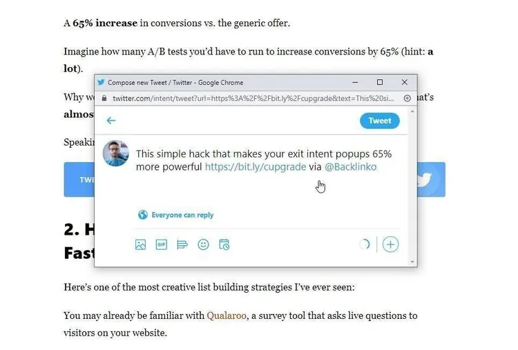 Tweet in composizione su aumento conversioni 65%