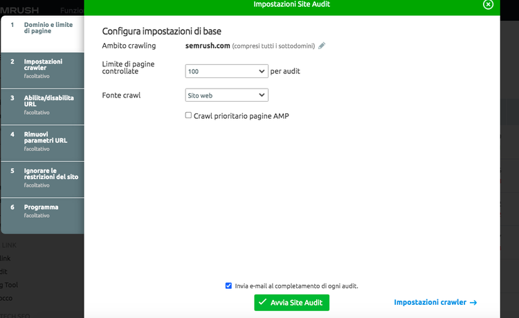 Pannello di configurazione Site Audit di Semrush con opzioni crawler