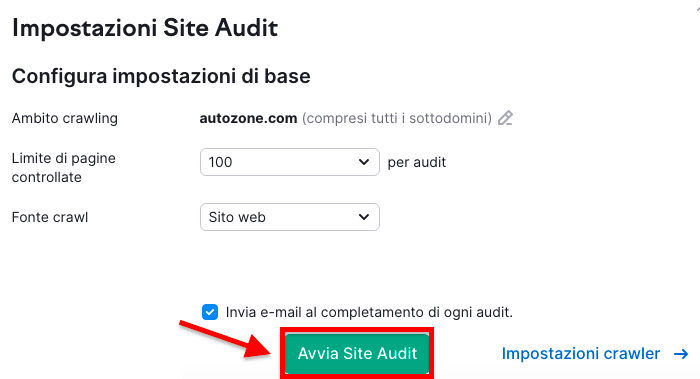 Impostazioni Site Audit configurazione dominio e limite pagine per audit