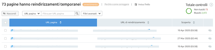 trovare redirect temporanei con site audit tool di semrush