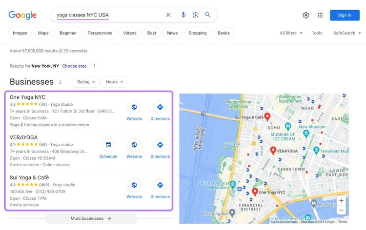 Risultati del pacchetto locale di Google per la query "corsi di yoga a New York, USA"