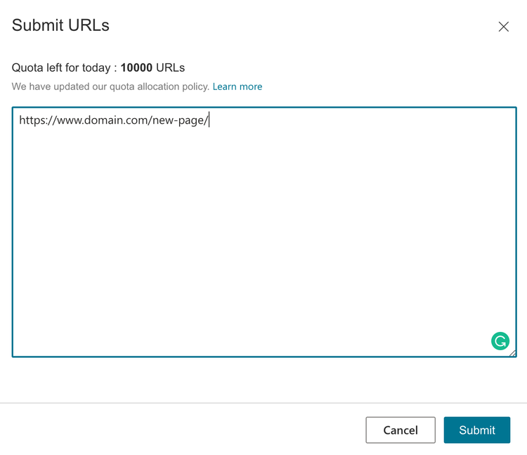 Dialog Bing Submit URLs con quota giornaliera 10000 disponibili