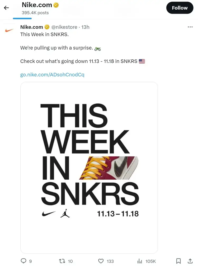 Post di Nike su X (ex Twitter) con "Questa settimana in SNKTS" copia